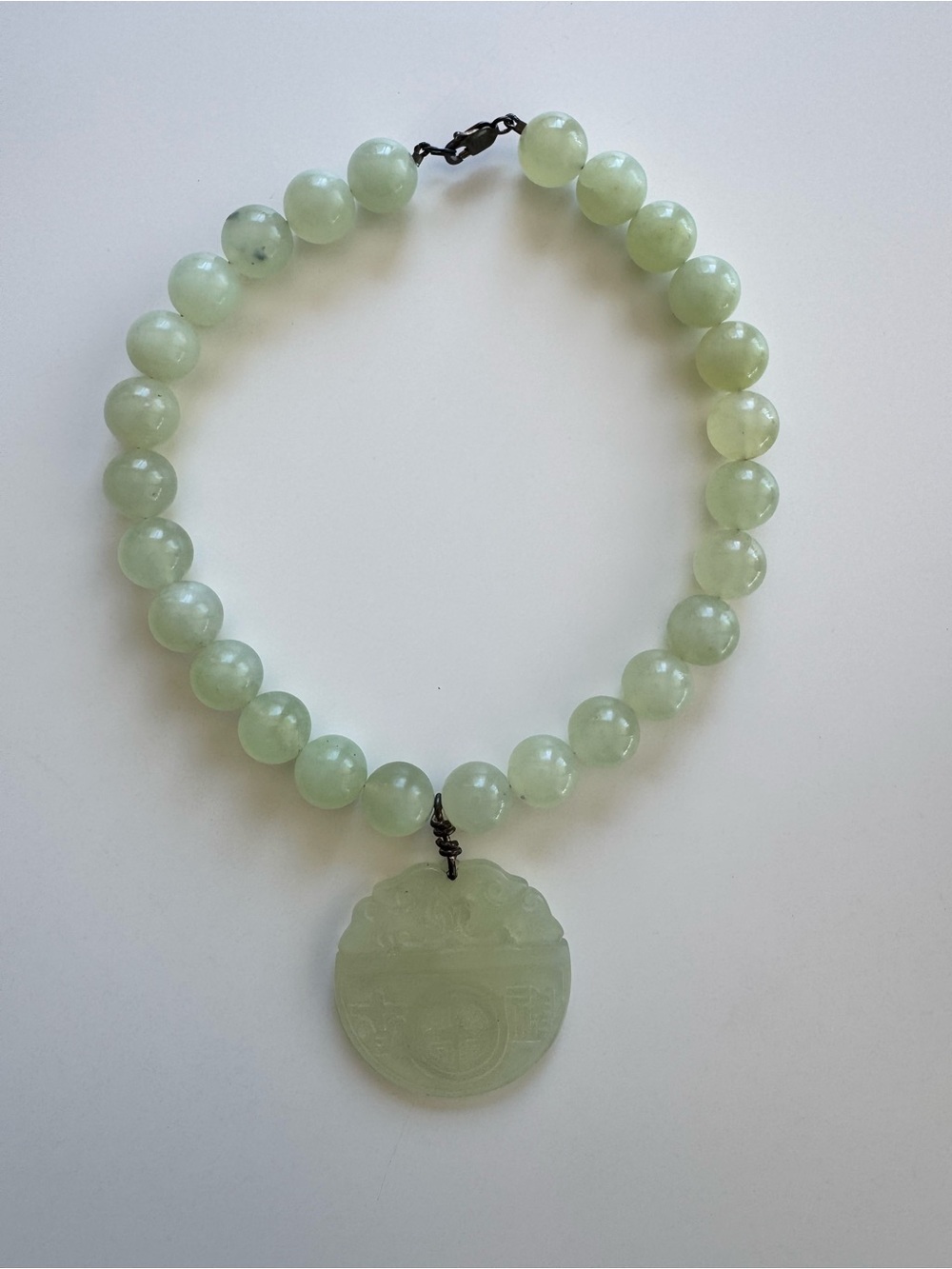 Light Green Jade Bead Necklace with Carved Pendant 16” with 2” Pendant